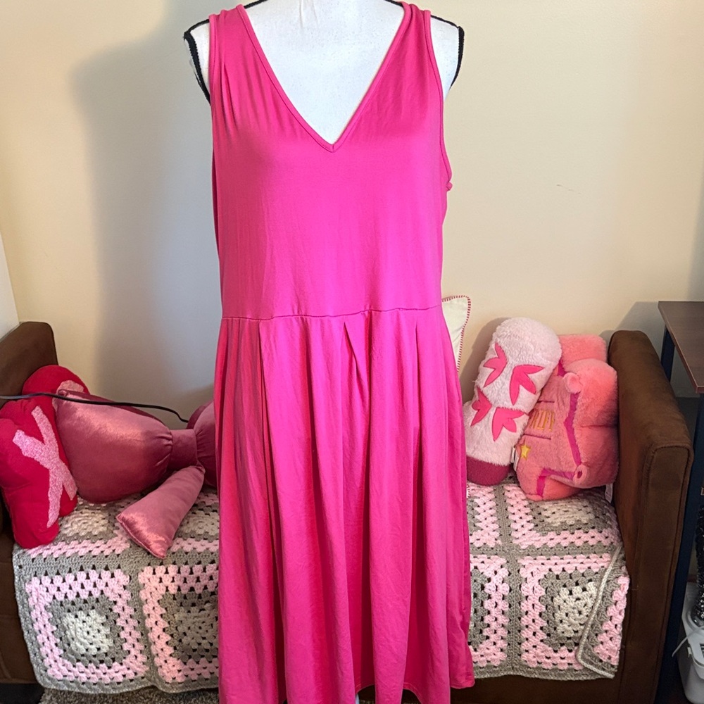 Bright Pink Sleeveless V-Neck Midi Dress